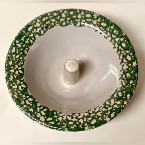 Vintage Unused Glazed Clay Pottery ORIGINAL APPLE BAKER Green Spongeware Trim - Picture 5 of 16